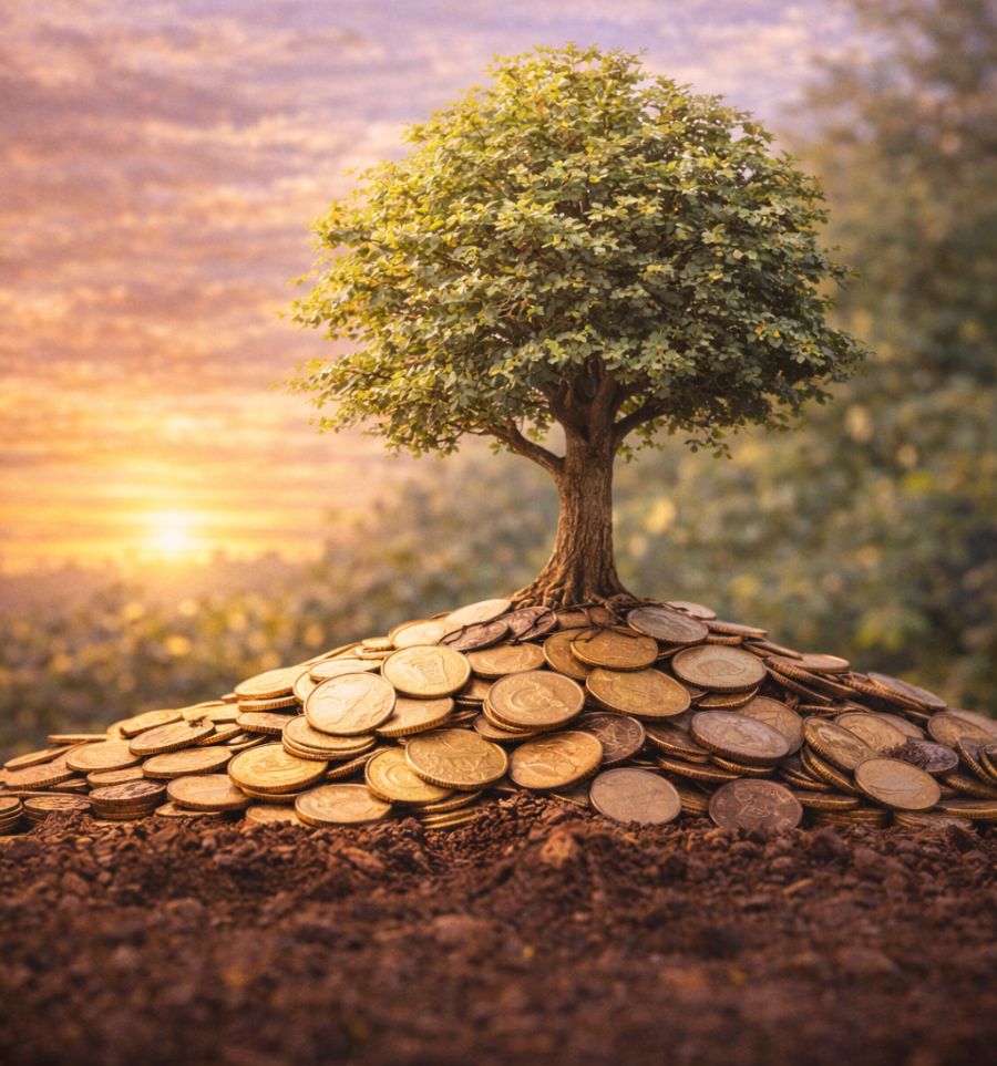 Un arbre en pleine feuillaison poussant sur un monticule de pièces d'or, au lever du soleil