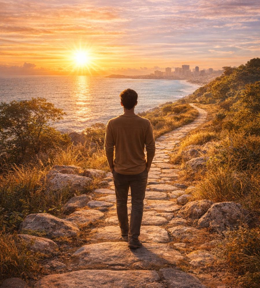 Un homme de dos sur un chemin de pierres, face au soleil levant sur la mer